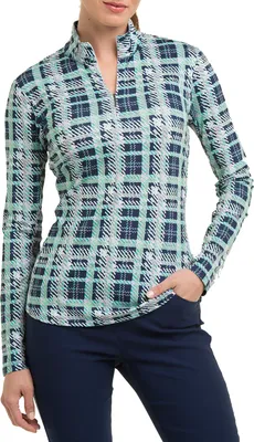 EP New York Women's Long Sleeve Quarter Zip UV Plaid Print Top