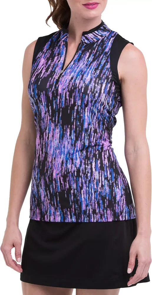 EP New York Women's Sleeveless 1/4 Zip Waterfall Stain Glass Print Polo