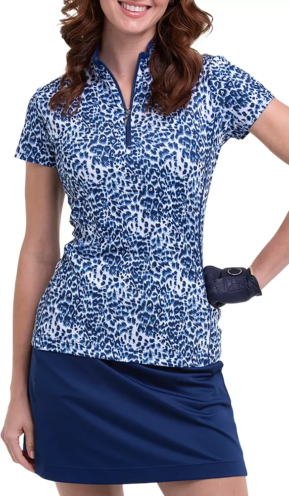 EP New York Women's Short-Sleeve Leopard Print Zip Mock Polo