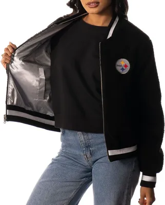 The Wild Collective Women's Pittsburgh Steelers Black Reversible Sherpa Bomber Jacket