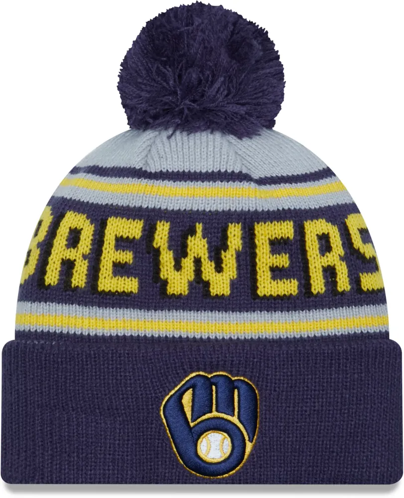 New Era Adult Milwaukee Brewers Navy Wordmark Pom Knit Hat