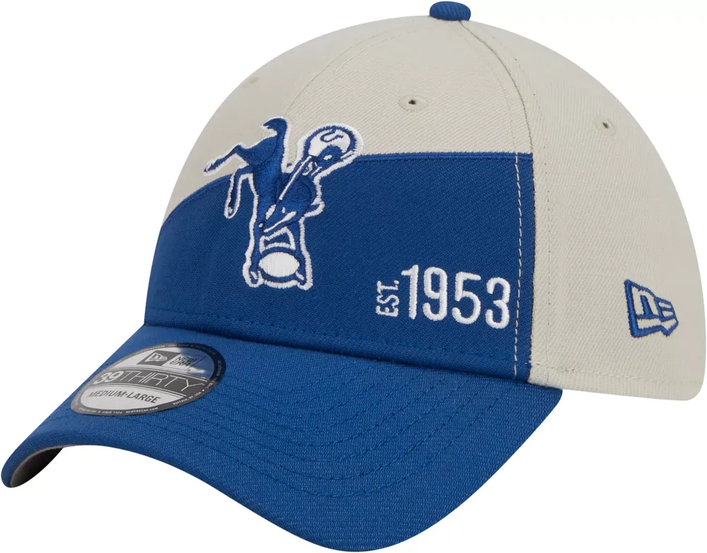 New Era Men's Indianapolis Colts 2023 Sideline Historic Blue 39Thirty Stretch Fit Hat