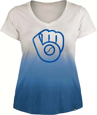 New Era Women's Milwaukee Brewers Blue Cooperstown Dipdye Scoop V-Neck