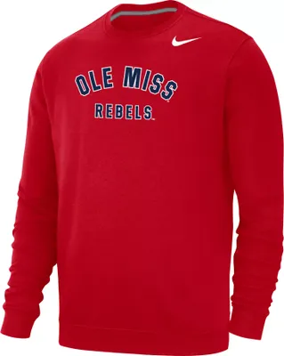 Nike Men's Ole Miss Rebels Red Club Fleece Arch Word Crew Neck Sweatshirt