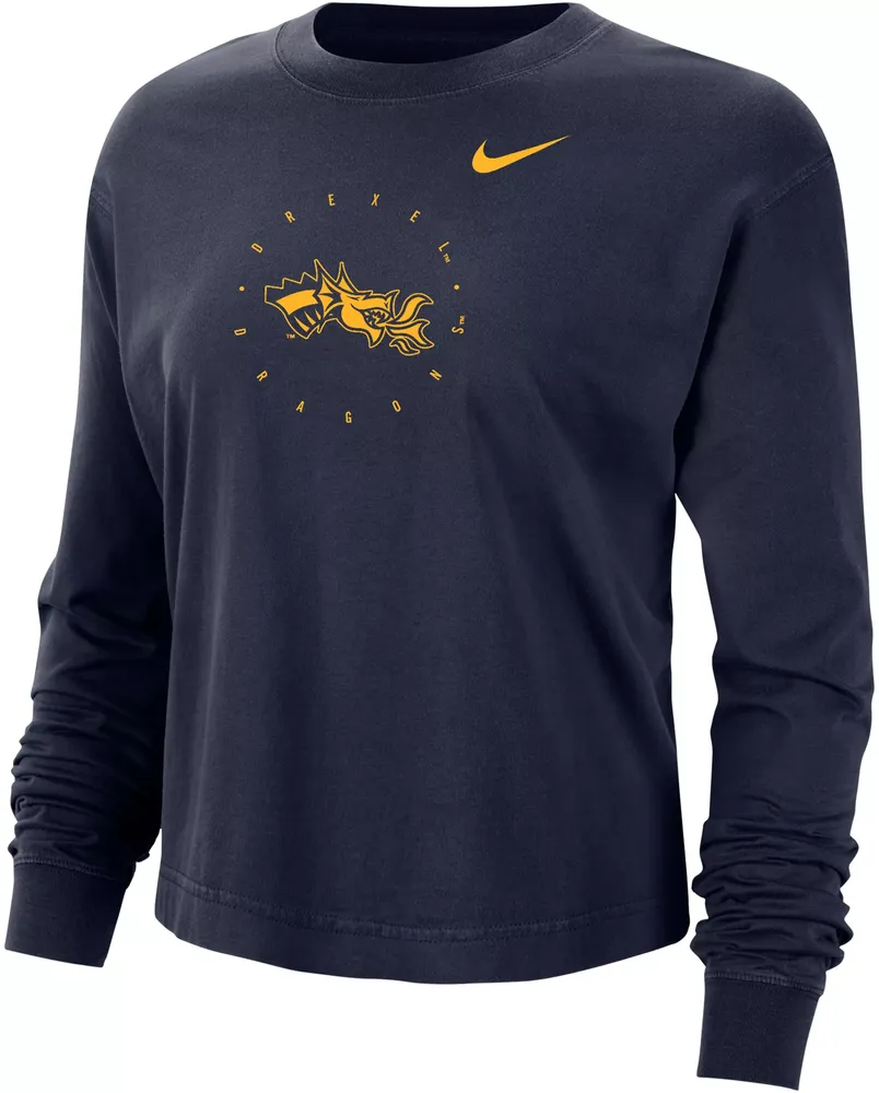 Nike Women's Drexel Dragons Blue Boxy Cropped Long Sleeve T-Shirt