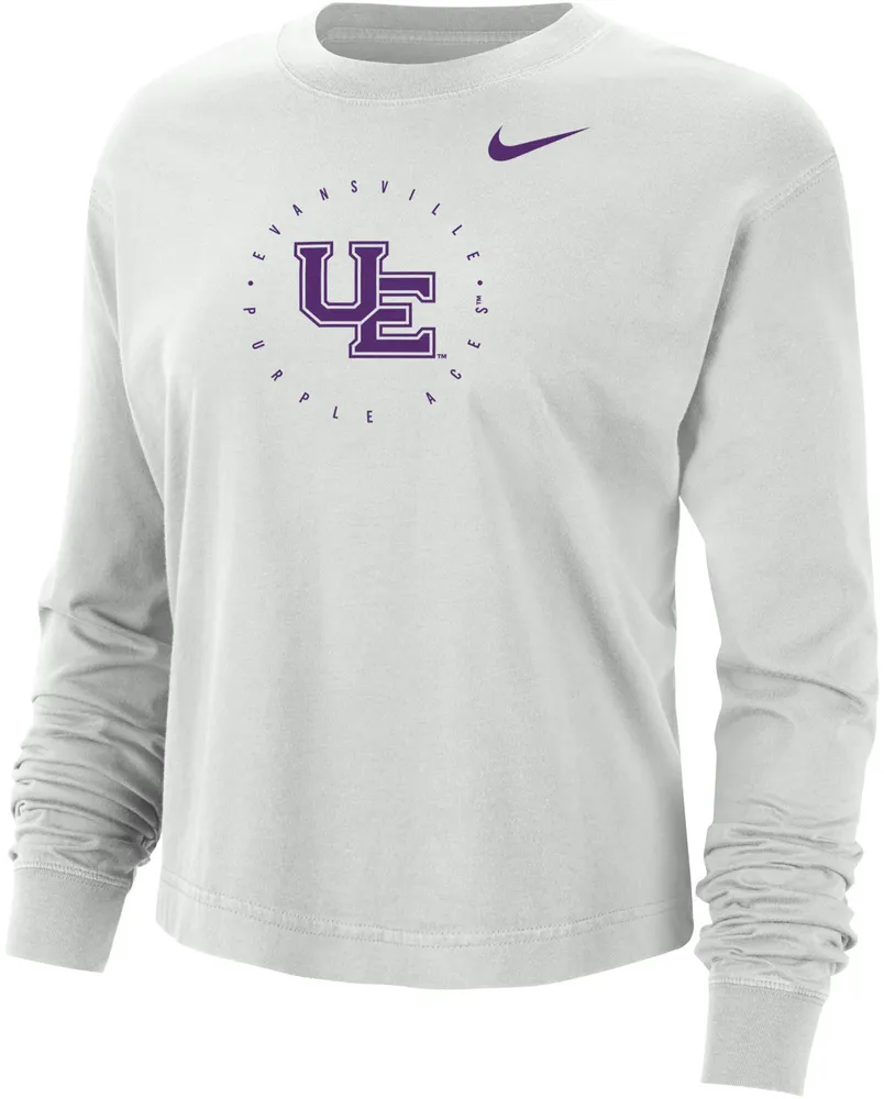 Nike Women's Evansville Purple Aces Grey Boxy Cropped Long Sleeve T-Shirt