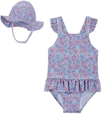 Andy & Evan Girls' Daisy Print One-Piece Swimsuit Hat Set