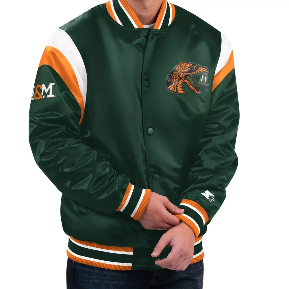 Starter Men's Florida A&M Rattlers Green Varsity Satin Snap-Up Jacket