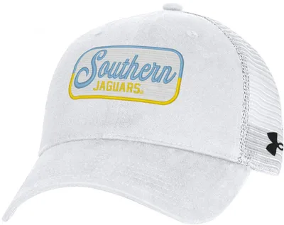 Under Armour Men's Southern University Jaguars White Performance Washed Cotton Adjustable Trucker Hat