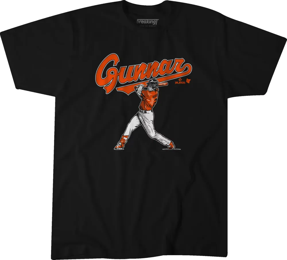 BreakingT Baltimore Orioles Gunnar Henderson 'Swing' Black Graphic T-Shirt