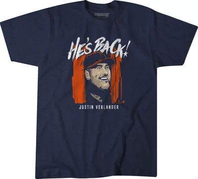 BreakingT Men's Houston Astros Justin Verlander 'He's Back ' Navy Graphic T-Shirt