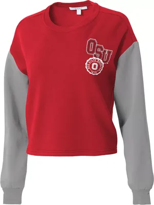 WEAR by Erin Andrews Women's Ohio State Buckeyes Scarlet Colorblock Crew Neck Sweatshirt