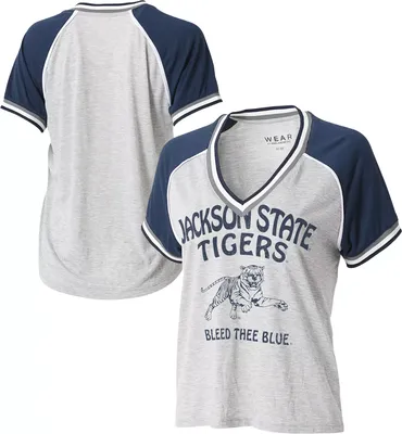 WEAR by Erin Andrews Women's Jackson State Tigers Grey Raglan Short Sleeve V-Neck T-Shirt