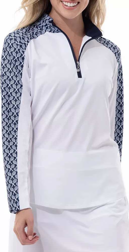 SanSoleil Women's SolCool Long Sleeve Mock Neck Color Block Tennis Shirt