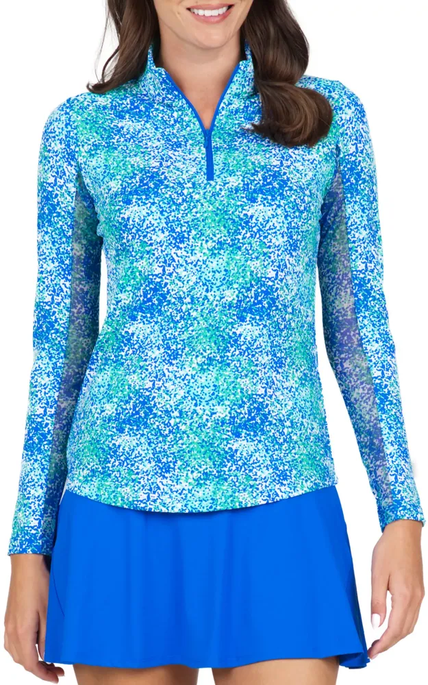 IBKUL Women's Spray Paint Long Sleeve Zip Mock Neck Golf Shirt