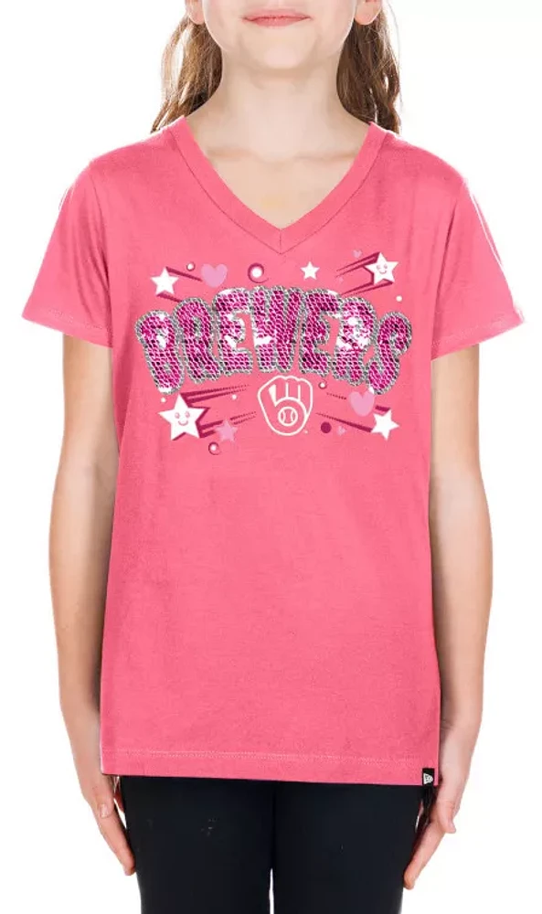 New Era Girls' Milwaukee Brewers Pink V-Neck T-Shirt