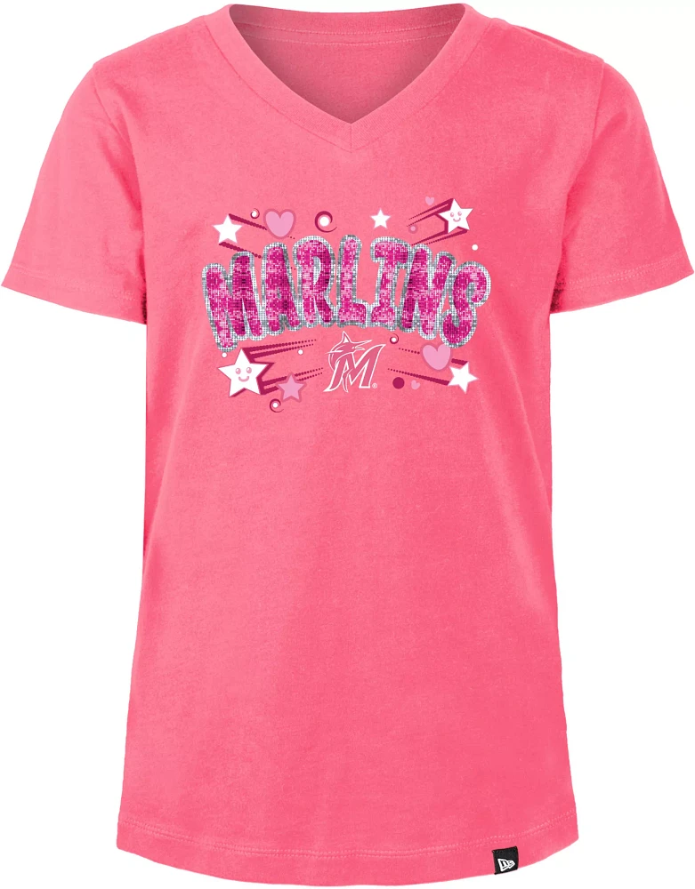 New Era Girls' Miami Marlins Pink Sequins V-Neck T-Shirt