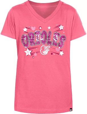 New Era Girls' Baltimore Orioles Pink Sequins V-Neck T-Shirt