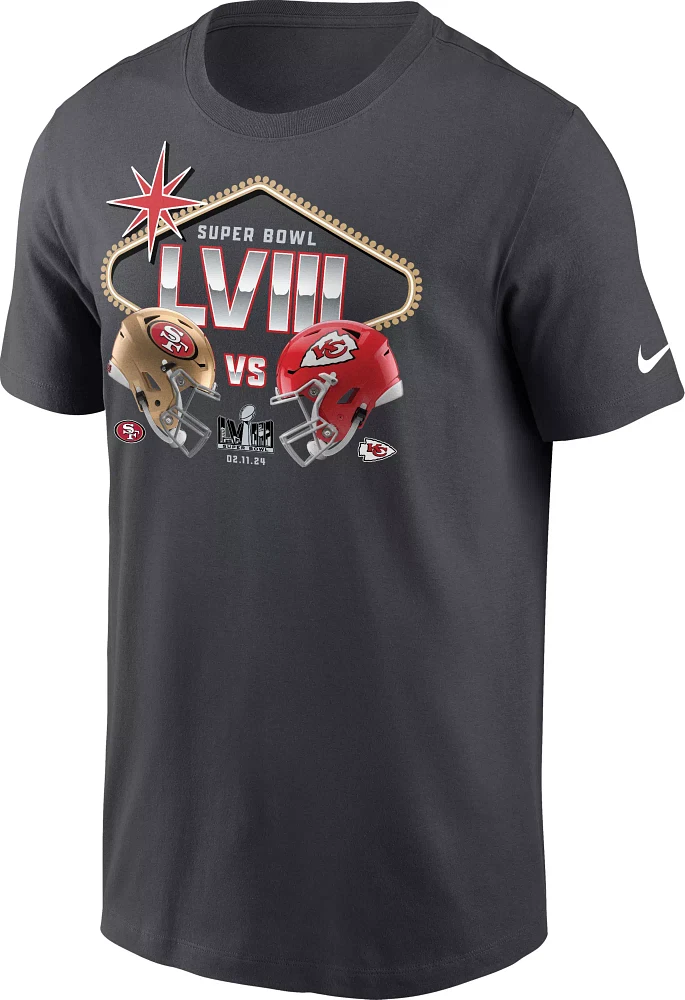 Nike Men's 2024 Super Bowl LVIII Bound San Francisco 49ers vs. Kansas City Chiefs Dueling Helmets T-Shirt