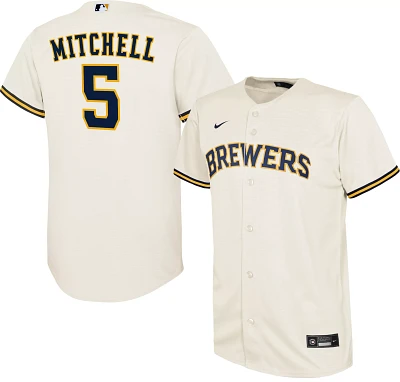 Nike Youth Replica Milwaukee Brewers Garrett Mitchell #5 White Home Cool Base Jersey