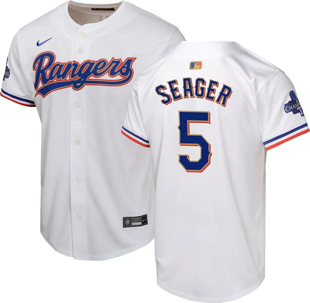 Nike Youth Texas Rangers 2024 Gold Collection Corey Seager #5 White Cool Base Jersey