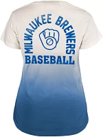 New Era Women's Milwaukee Brewers Blue Cooperstown Dipdye Scoop V-Neck