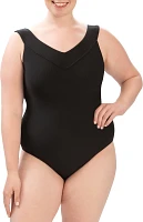 Dolfin Women's Solid V-neck Rib One-Piece Swimsuit