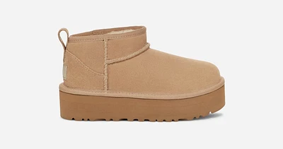 UGG® Kids' Classic Ultra Mini Platform Suede Classic Boots in Sand