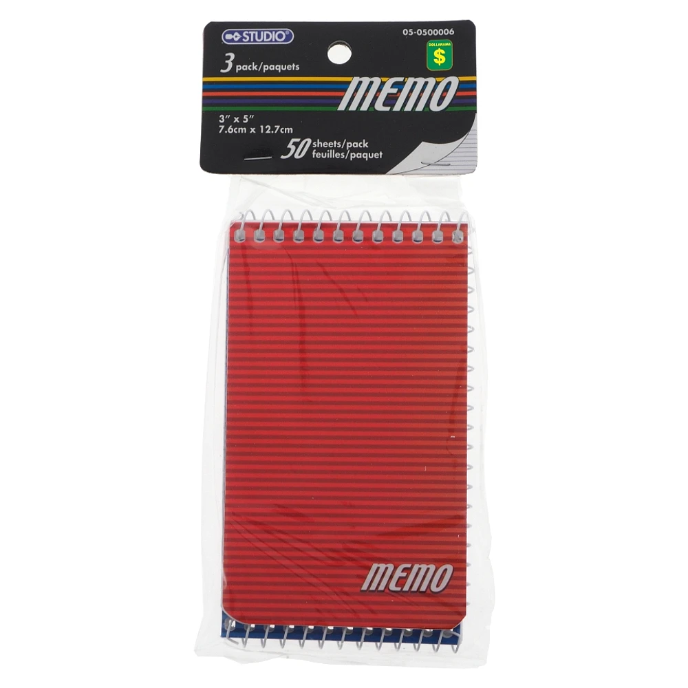 Spiral Memo Note Pads 3PK (Assorted Colours)