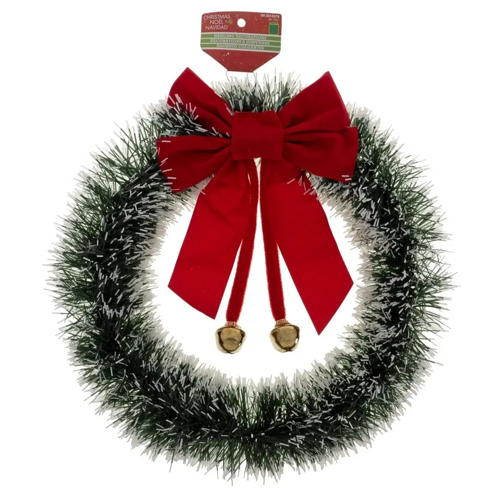 Christmas Tinsel Wreath with Bow and Bells