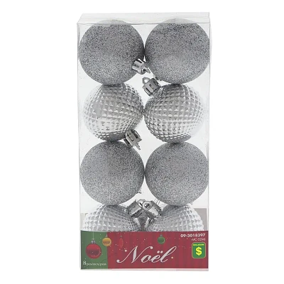 8PK Christmas Silver Non Breakable Tree Balls