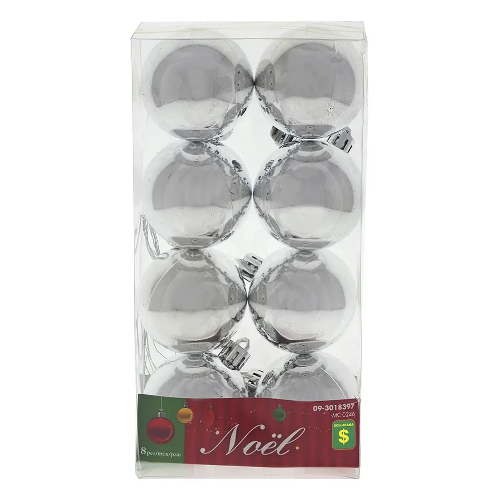 8PK Christmas Silver Non Breakable Tree Balls