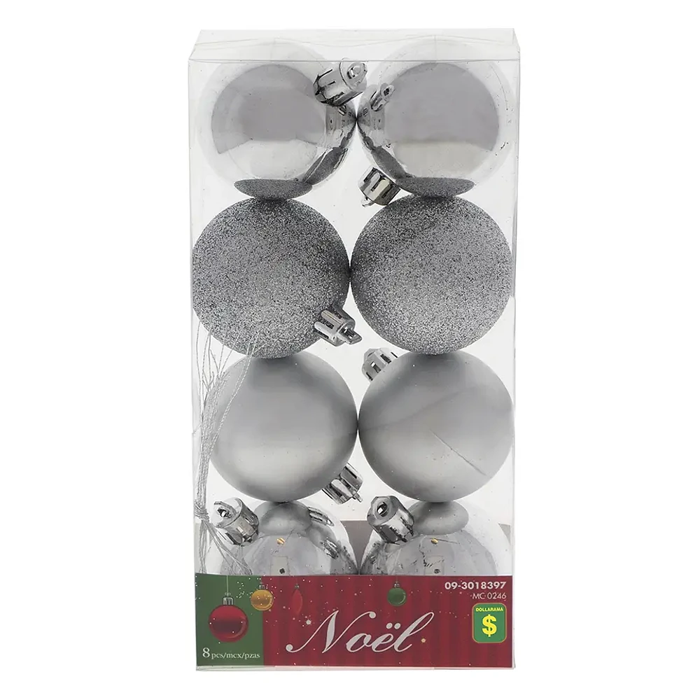 8PK Christmas Silver Non Breakable Tree Balls