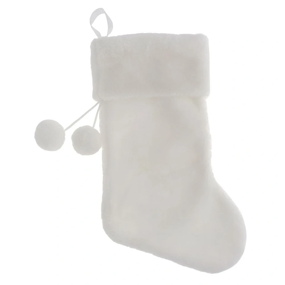 Christmas White Plush Stocking with Pompoms