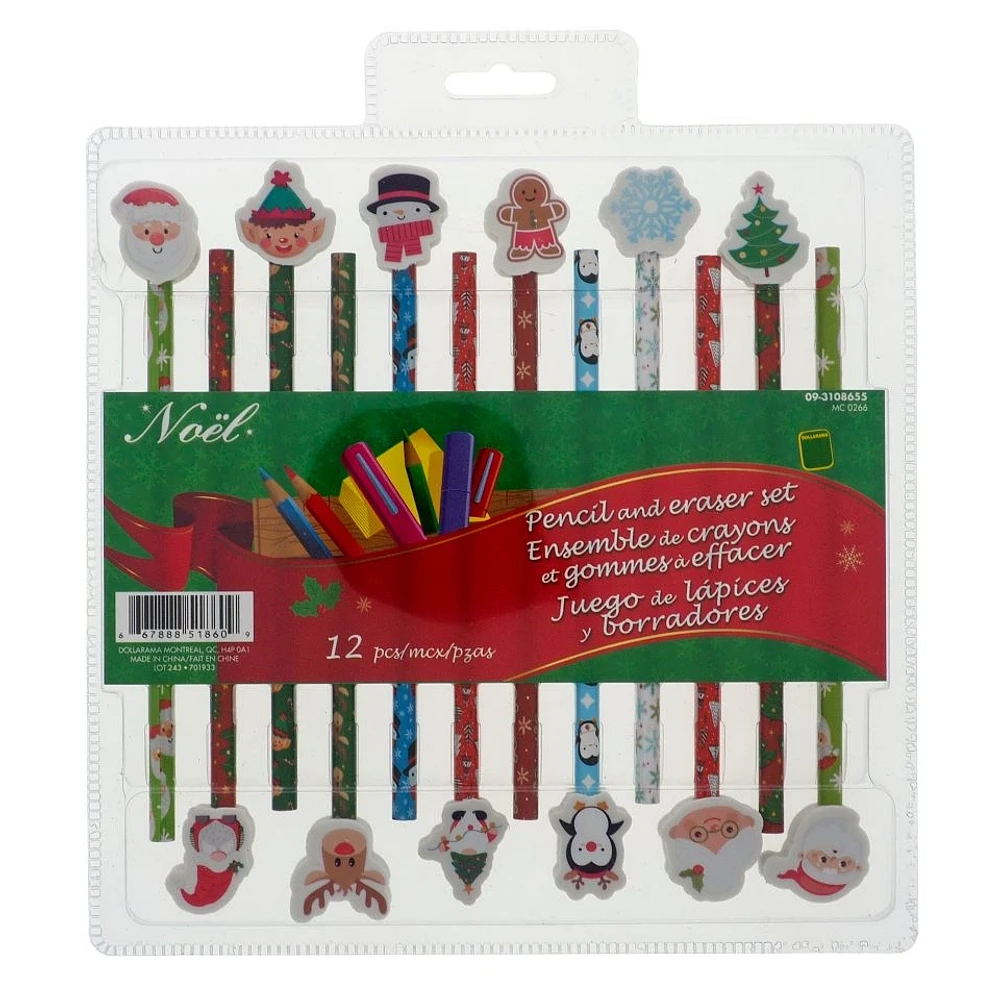 12PK of Christmas pencils with matching erasers