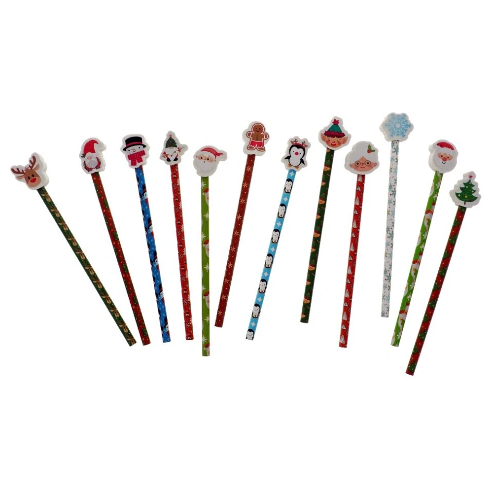 12PK of Christmas pencils with matching erasers