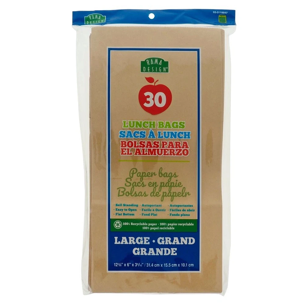 30PK Large Recyclable Paper Lunch Bags