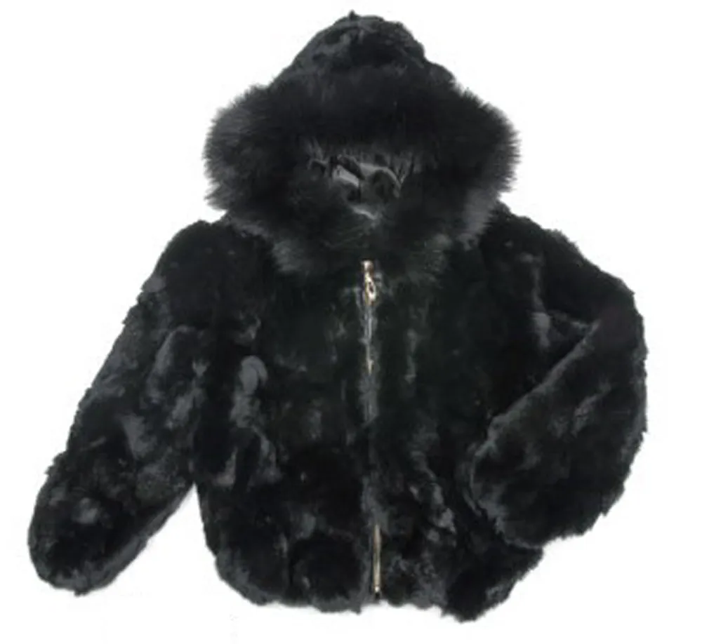 Kids Rabbit Fur Hooded Bomber Jacket