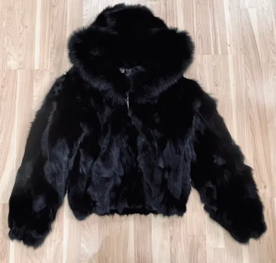 Ladies Black Fox Fur Bomber Jacket with Hood