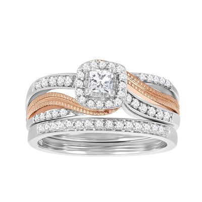 14k Two Tone Rose Gold Bypass Princess Cut Engagement Ring and Band