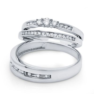 14K White Gold Round Three Stone Center Channel Set Diamond Wedding Trio