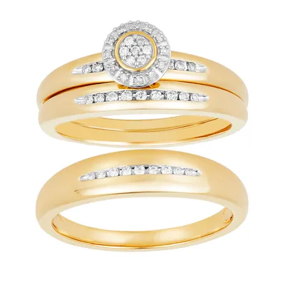 14K Two Tone Gold Halo Diamond Wedding Trio