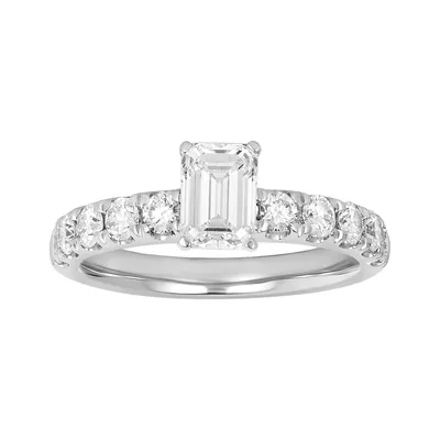 14k White Gold Emerald Cut Lab Grown Diamond Pave Shank Ring