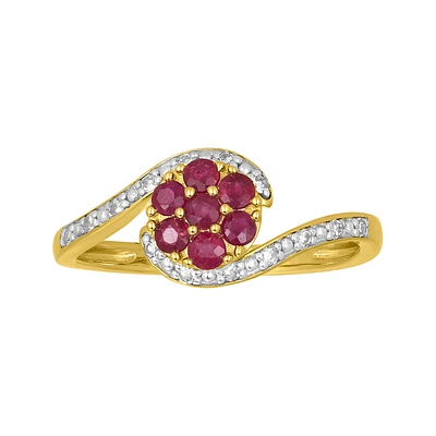 14K Two Tone Gold Ruby Flower Bypass Diamond Ring