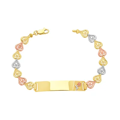 14K Gold Tri Color Heart Link ID Bracelet