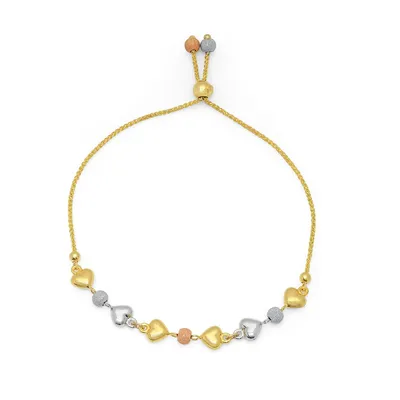 14K Gold Tri-Color Heart Bead Bolo Bracelet