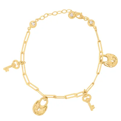 14K Yellow Gold Open Link Lock and Key Ladies Charm Bracelet