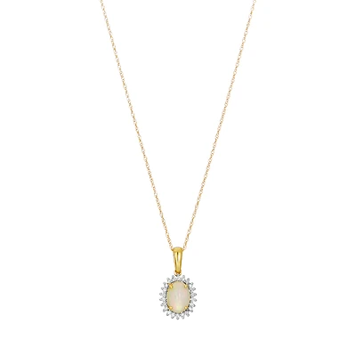 14K Yellow Gold Oval Opal Diamond Halo Pendant Necklace