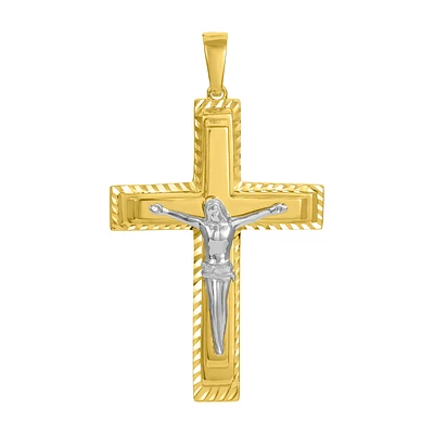 14K Two Tone Gold Crucifix Diamond Cut Edge Pendant