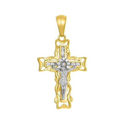 14K Two Tone Gold Swirl Edge CZ Center Crucifix Pendant